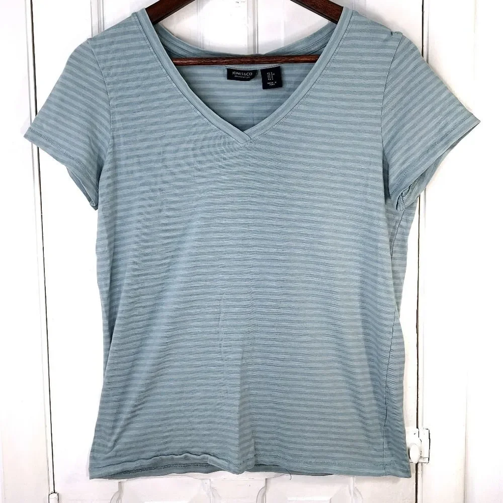 Jones New York Striped Short Sleeve V-Neck Shirt Sz S - Picture 2 of 10